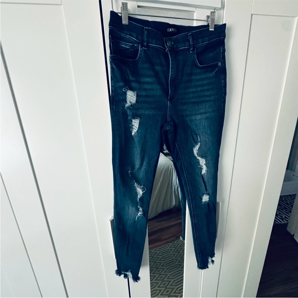 Express Distressed Skinny Jeans Dark Blue Denim High Rise Women’s 8